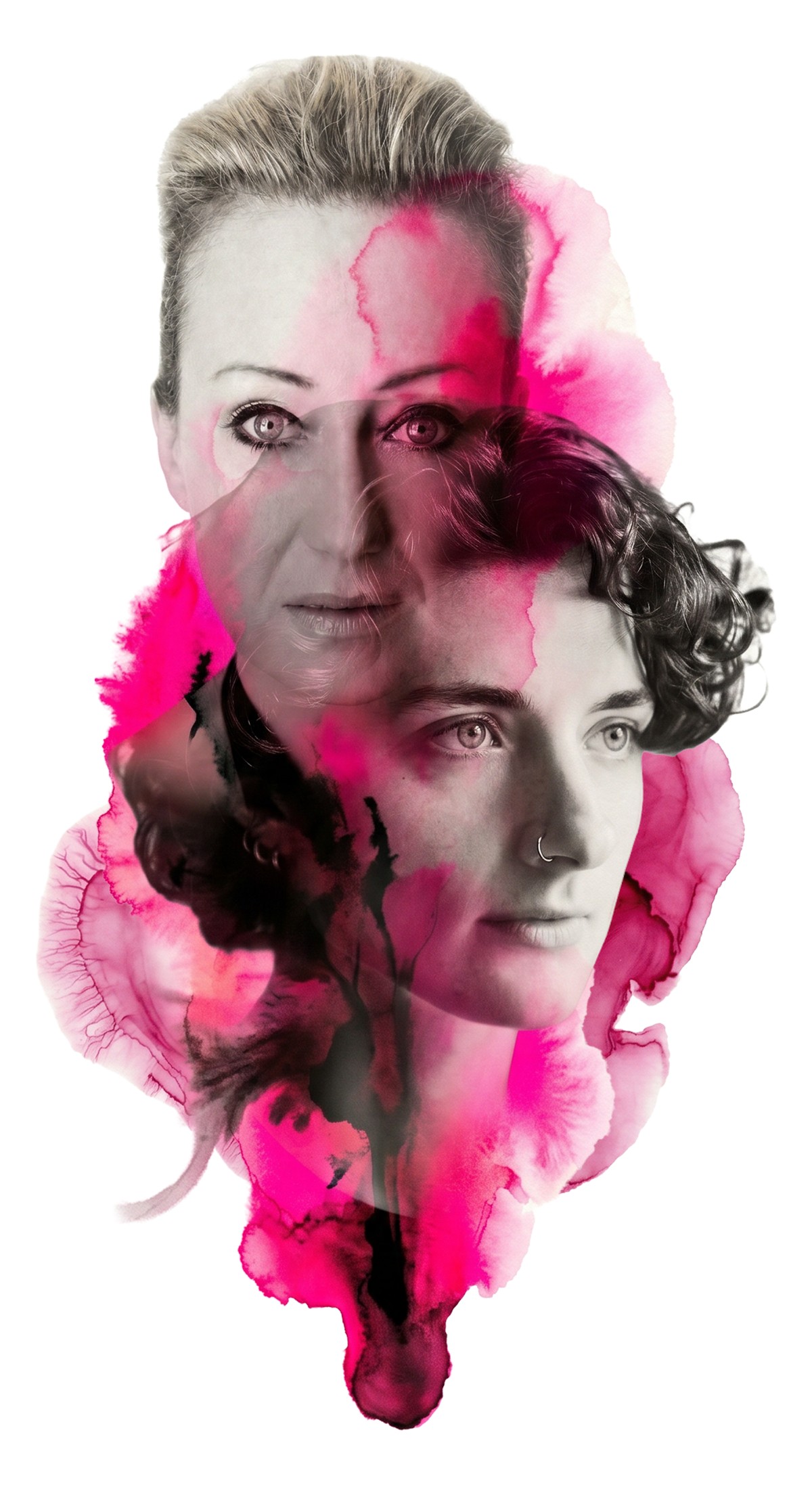 Lorien Haynes and Daisy Bevan — double-exposure portrait in neon-pink ink